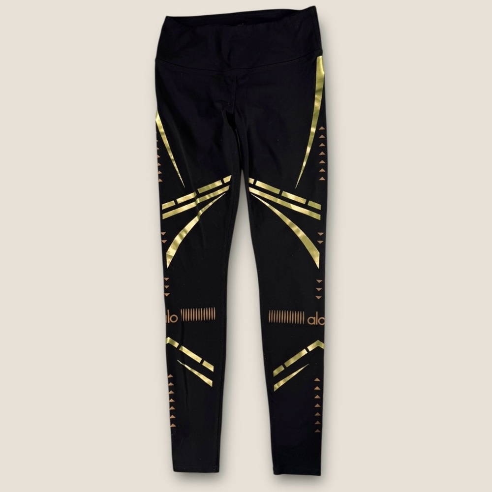 Alo Yoga Womens Black Gold Foil Geometric Airbrush High Waist Leggings Gym
